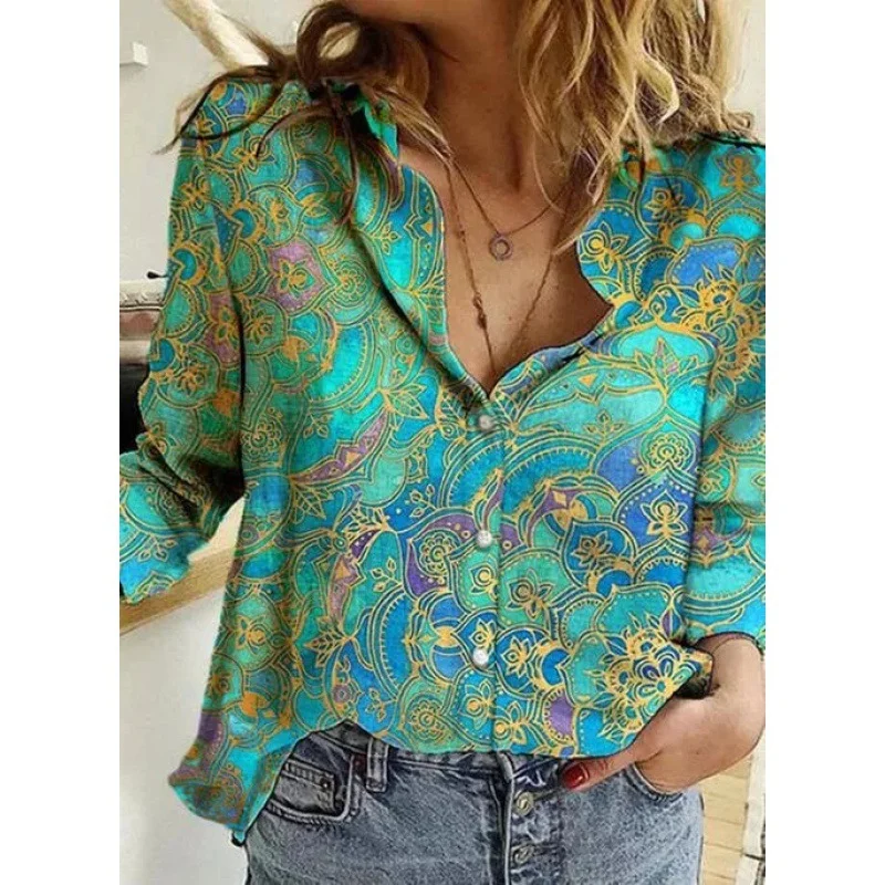 Women's This Show Crushed Flower Top Sapphire Emerald Dye Fashion Shirt Loose Casual Ink Flower Shirt