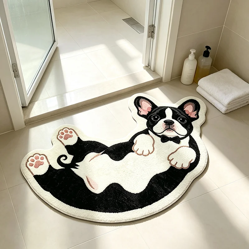 Cute Lying Cow Print French Bulldog Shaped Rug Cartoon Black White Bulldog Plush Carpet Home Bathroom Entrance Soft Foot Mat
