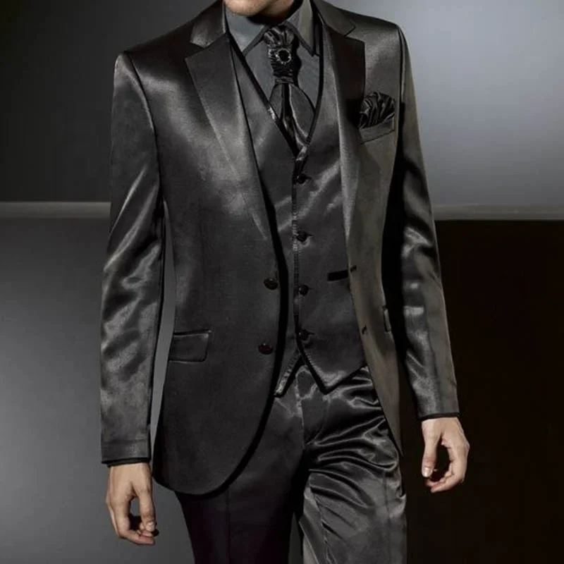 

Italian Black Satin Men Suits From Stage Show Slim Fit Blazer Hombre Prom Party High Quality Custom 3 Piece Set Costume Homme