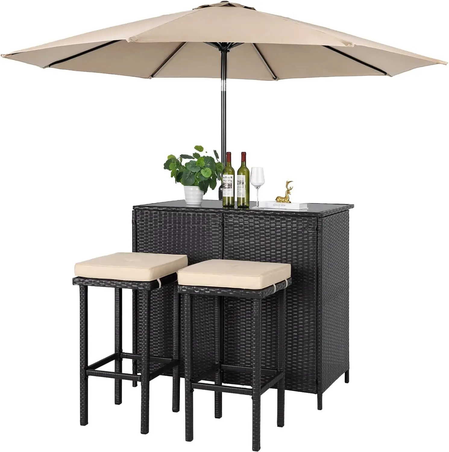 

Outdoor Bar Set 3-Piece Rattan Wicker Patio Furniture, Glass Bar and Two Stools with Cushions and 9 FT Patio Umbrella for Patios