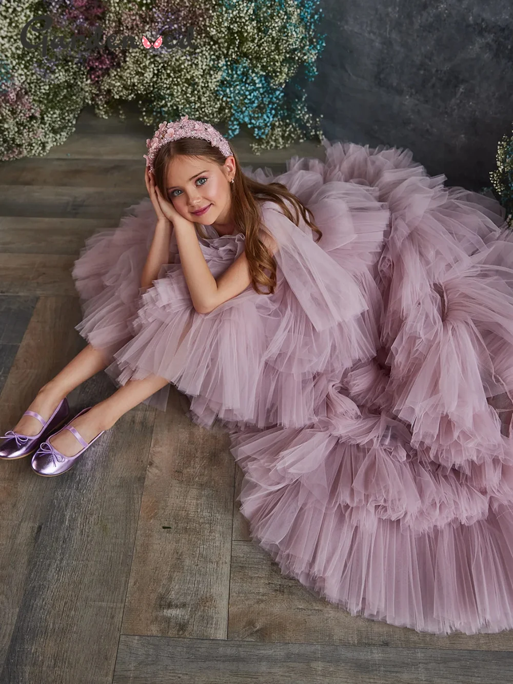 Vestido de fiesta de satén hinchado para niña, vestidos de flores para niños, vestidos de princesa Hi-low, lindos vestidos de primera comunión