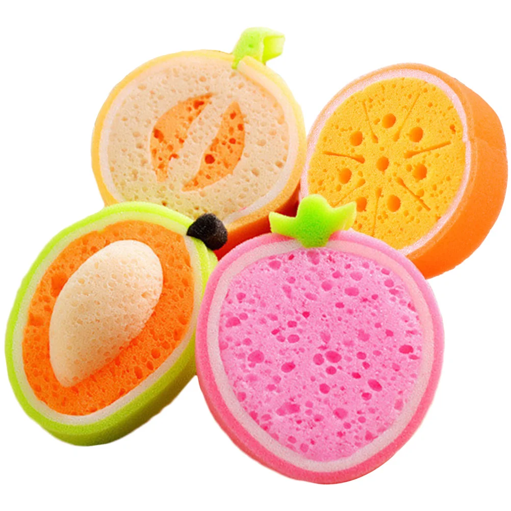 4Pcs Bath Sponges Fruit Design Reusable Lightweight Kids Bath Sponges Eco Friendly Baby Safe Shower Sponge for Home Travel Use