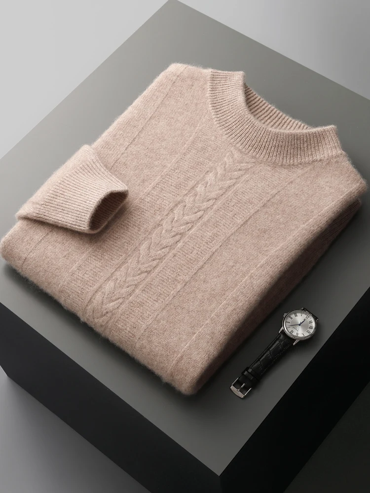 Men's 100% Cashmere Sweater Winter New Thicken Pullover Mock Neck Jacquard Solid Base Shirt Warm Plus Size Knit Jackets Tops