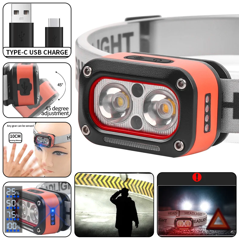 YD08 XTE LED Headlamp 400LM 100M Range Built-in Battery Type-C Charging IPX4 Waterproof Work Headtorch Camping Headlantern