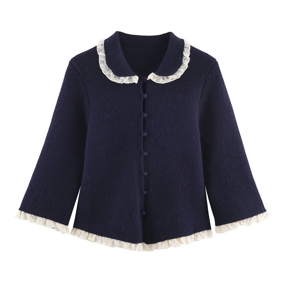

Winter New Women's Fashion Lace Decoration Small Round Collar Knitted Coat