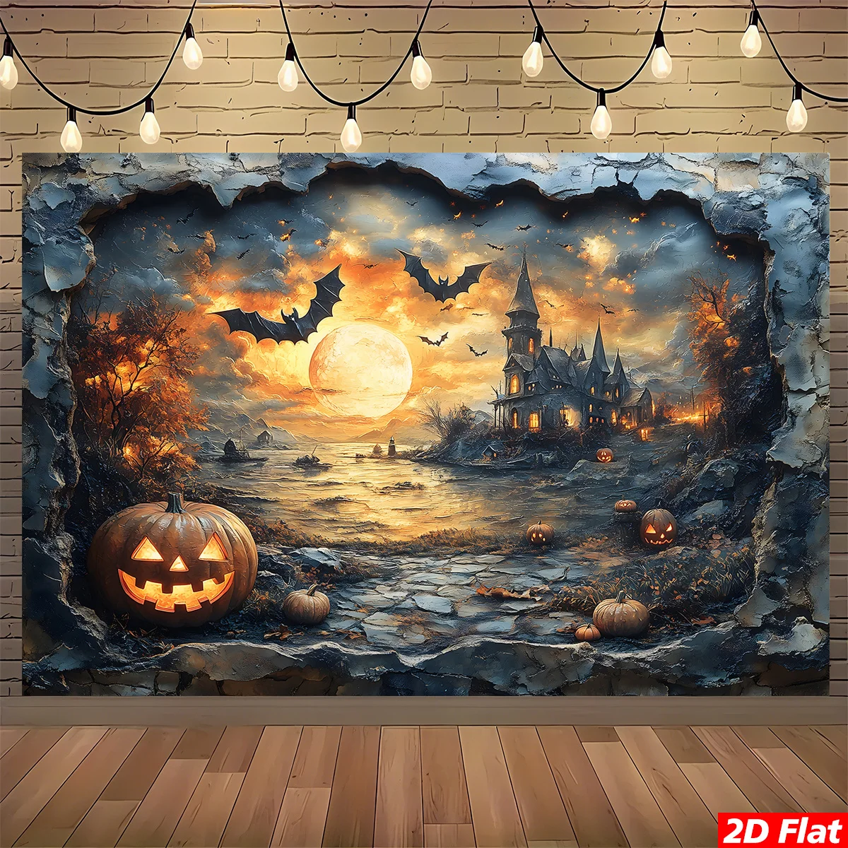 1pc Large Gothic Castle Tapestry - Haunted House Wall Hanging Decor with Jack-O'-Lanterns, Bats, Full Moon & Cobblestone Path -