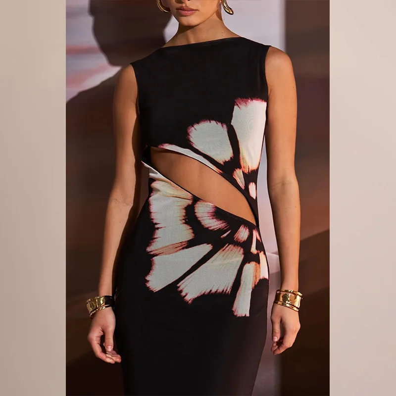 Moda americana quente menina verão novo estilo retro impressão sem mangas recorte vestido de bloqueio de cor