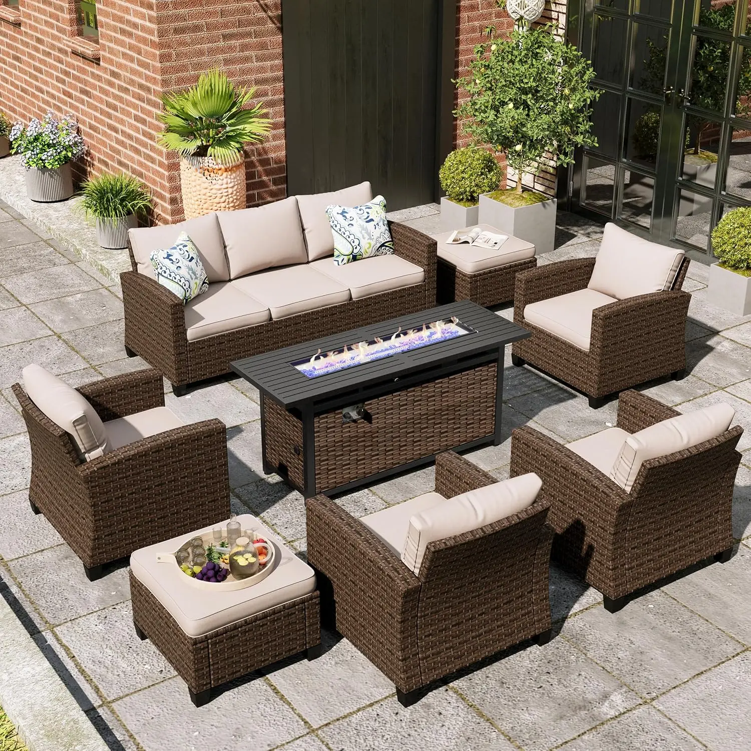 Patio Furniture Set,8 Pcs Wicker Outdoor Conversation Set,Single Chairs,3 Seater Sofa and Ottoman with Cushion and Firepit Table