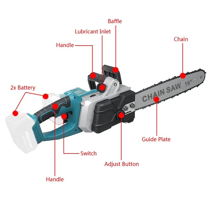 16 inch 2500W Wireless High Power Household Electric Chain Saw Hand-Held Sawing Plastic Metal Garden Cutting Tool for Makita 18V