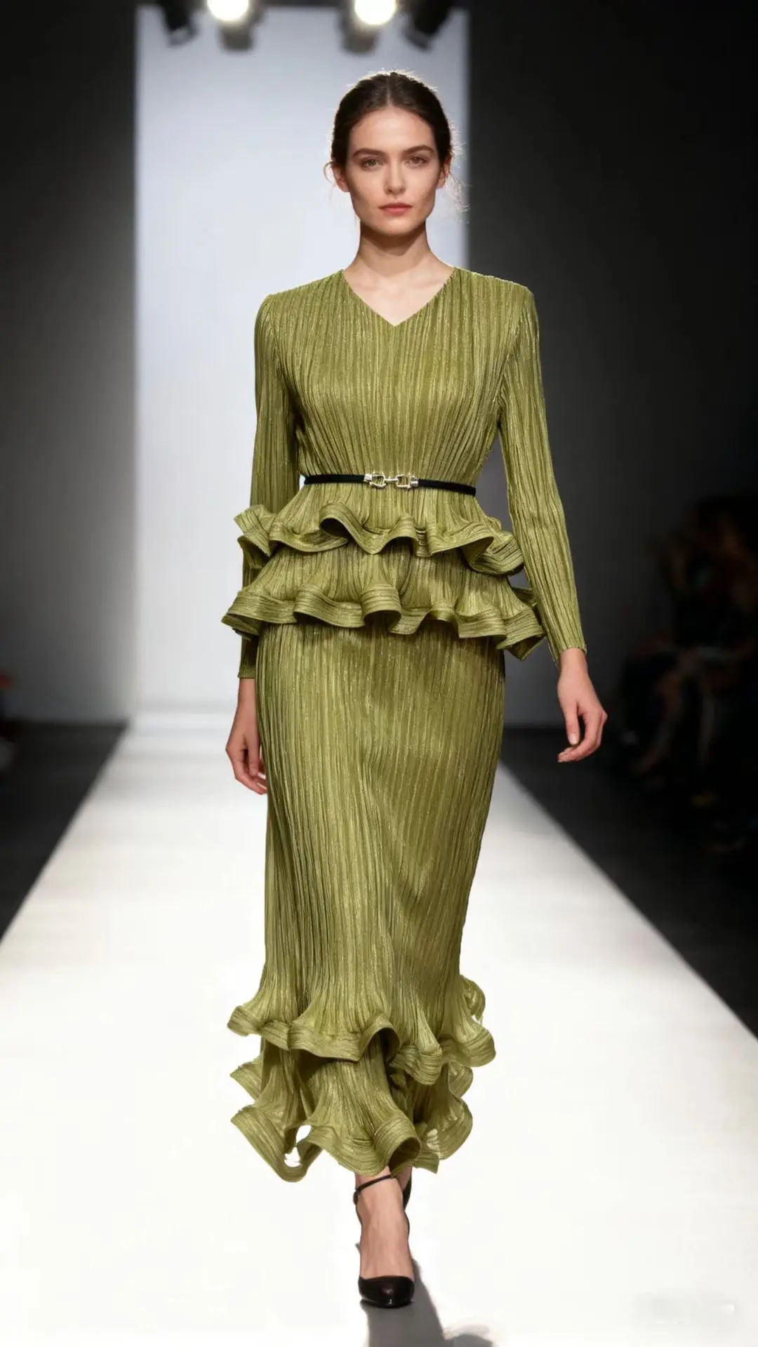Miyake 2025 Autumn Winter New Bronzing V-neck Fashion Two-piece Set Elegant Temperament Waist and Thin Two-piece Set for Women image 5