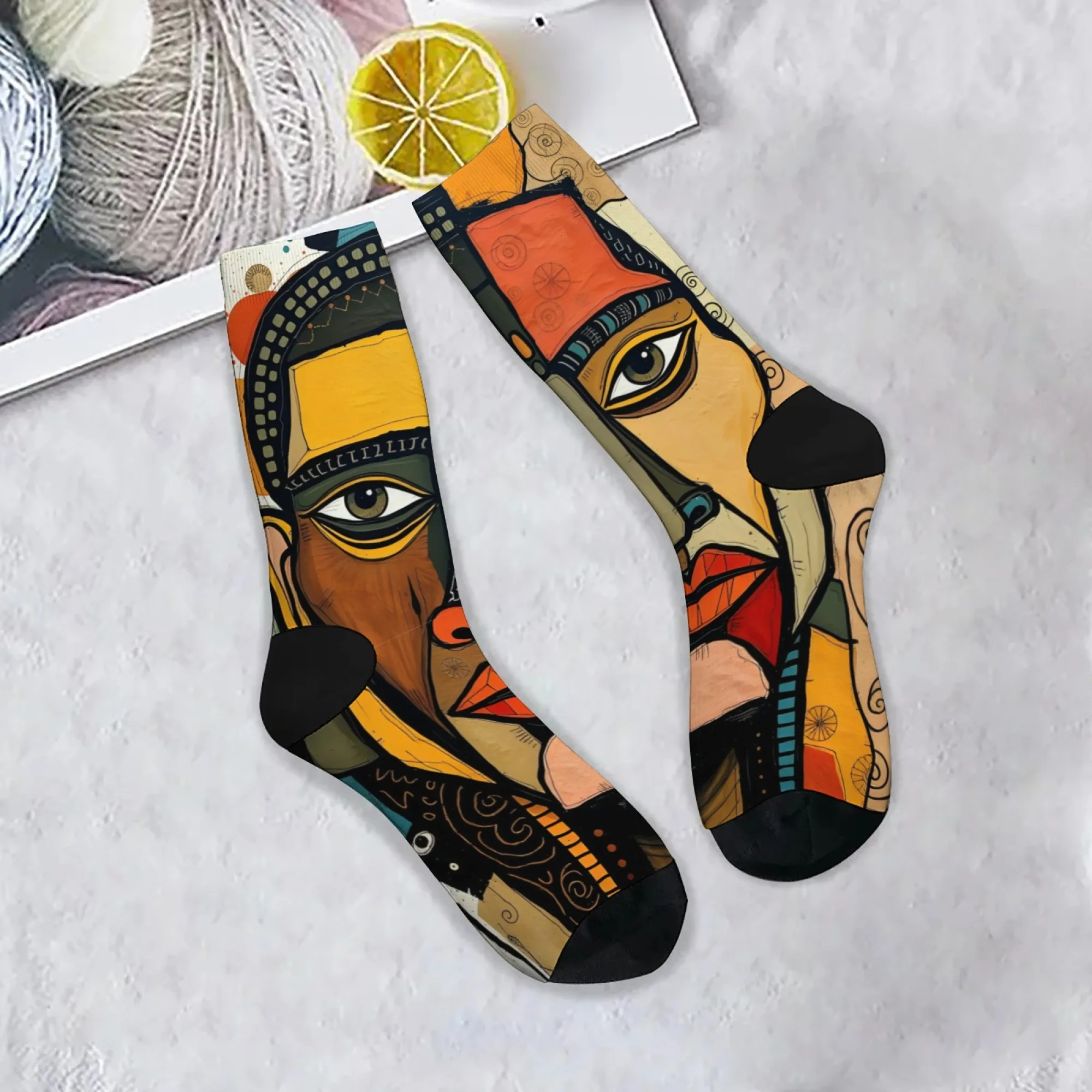 Harajuku Retro abstrakte geometrische Gesichtsdruck Herrensocken neuartige Streetstyle Ethno-Stil bequeme und atmungsaktive Freizeitsocken