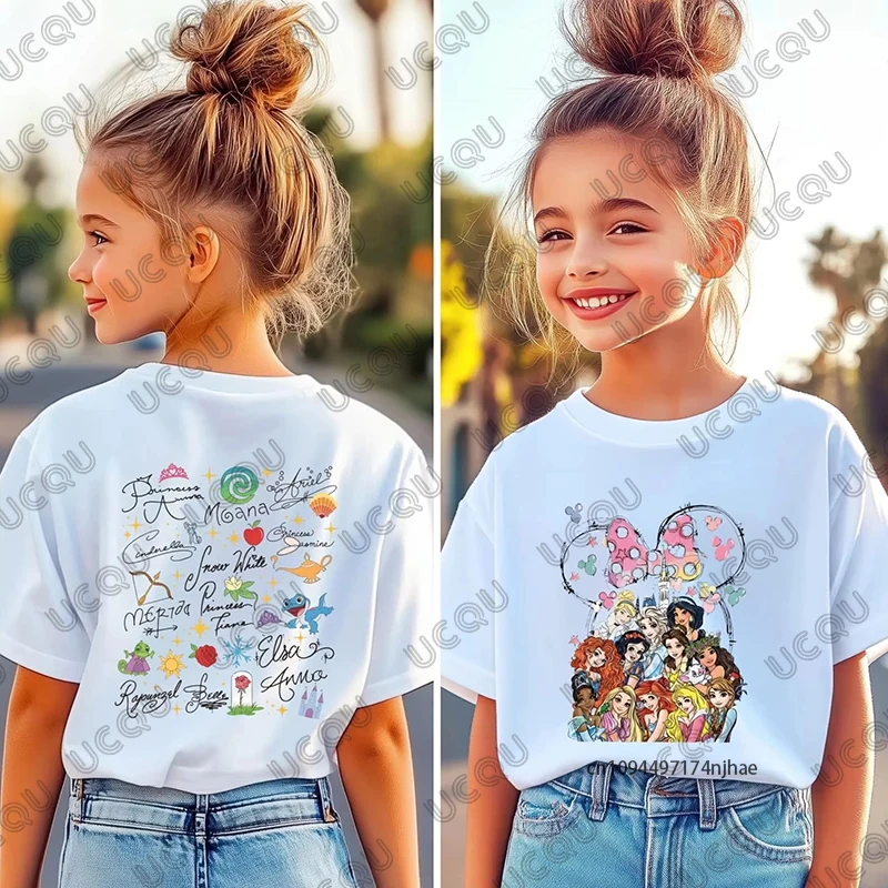 Novedad de verano, camiseta de algodón con estampado de princesas de Disney para niños, camisetas de manga corta para niños y niñas, camisetas informales para niños/adultos