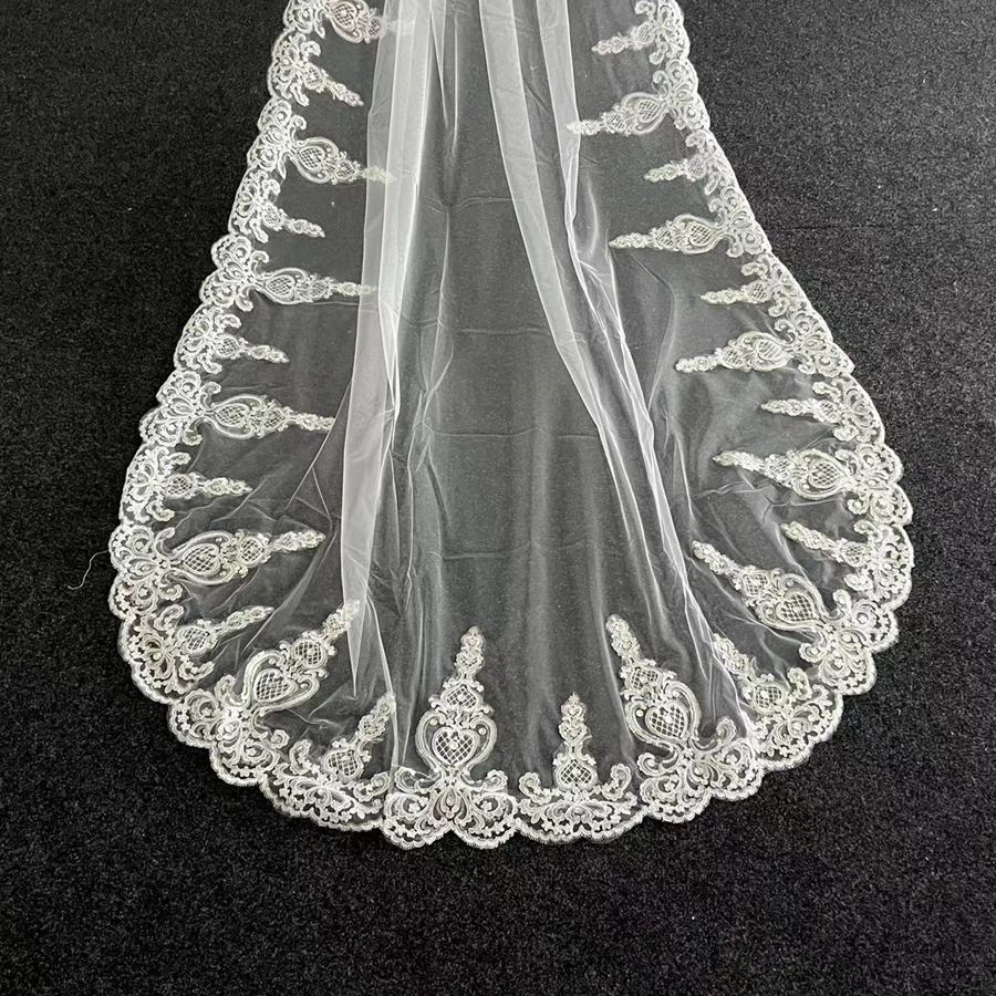 New Arrival White Ivory Cathedral Wedding Veils for Bride Lace Beaded bridal hair accessories Voile mariage Sexy Bridal veils