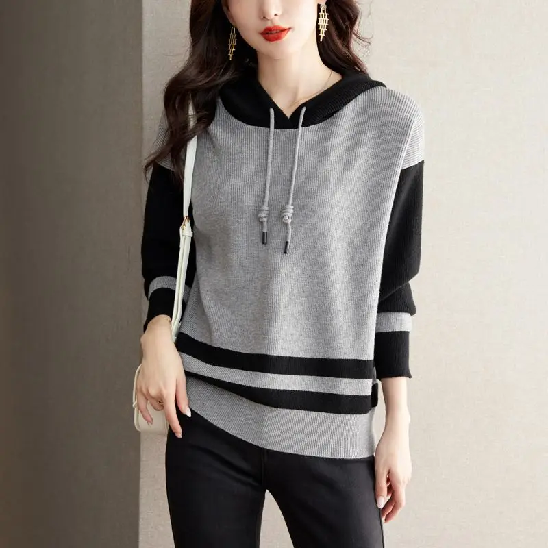 Hooded Contrasting Colors Sweater Women Autumn Winter Simplicity Loose Knitwear Office Lady All-match Fashion Knitting Tops