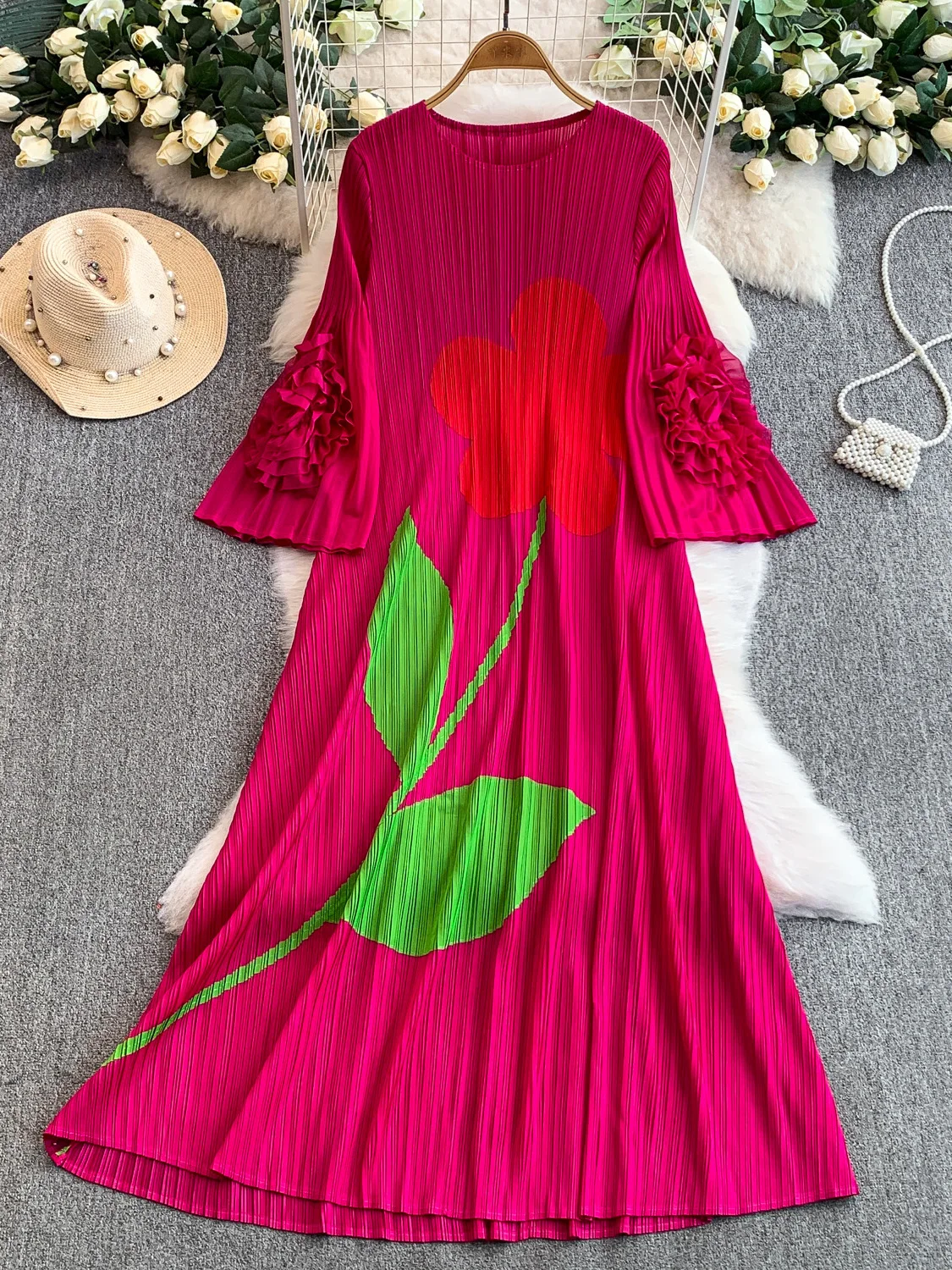 

Romantic Pleated Skirt Dress Women's Autumn Winter Luxury Style Bell Sleeve High Waist A-Line Dress Elegant Gown