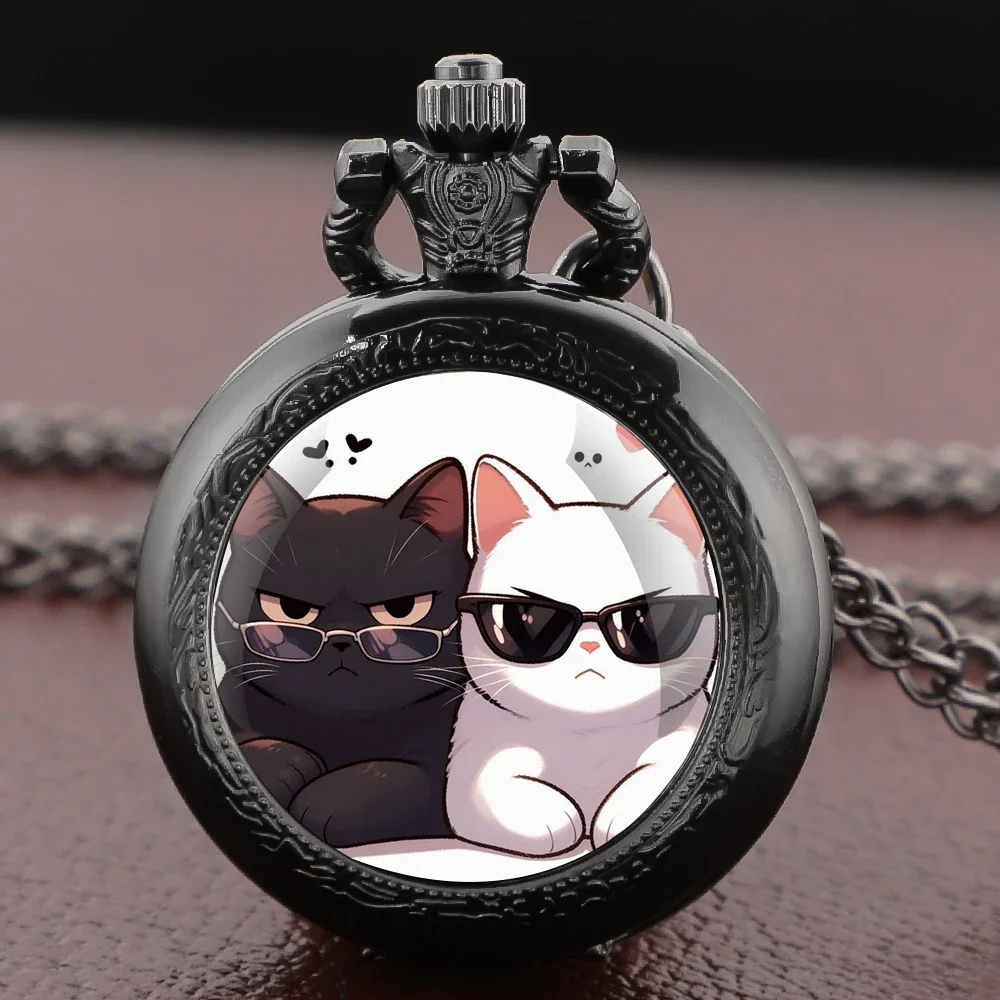 

Cool Black White Cats Glass Dome Vintage Pocket Watch Men Women Pendant Necklace Chain Charm Clock Hours Watch Jewelry Gift