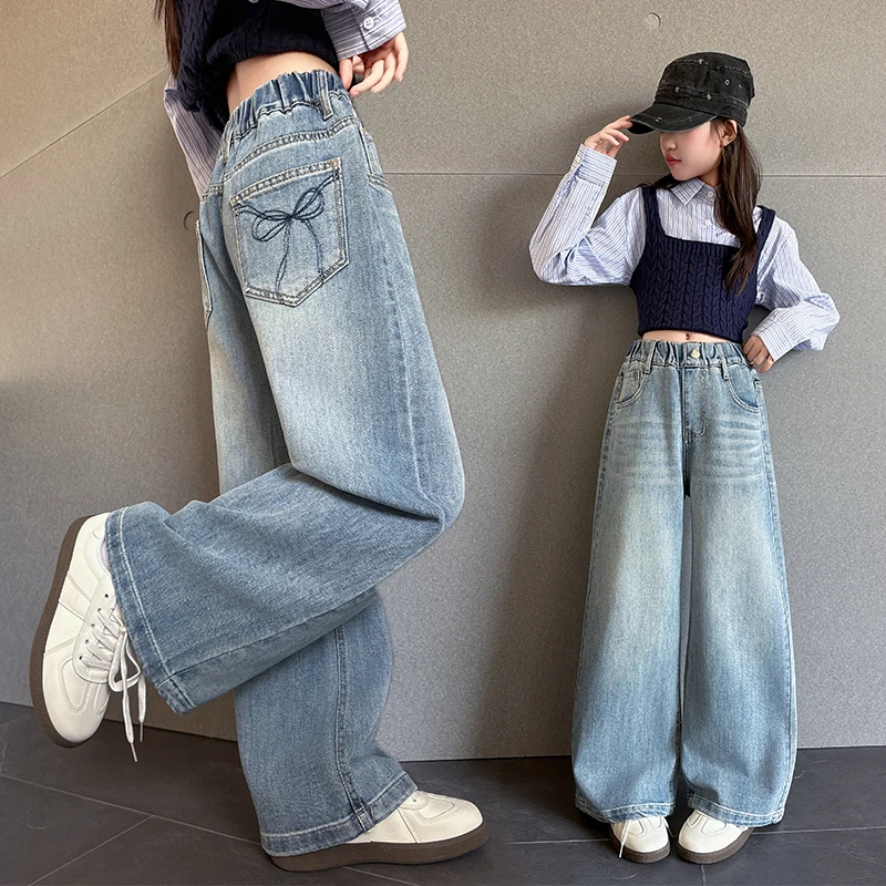 2026 Girl Pocket Bow Embroidery Jeans New Teenage Children Wide Leg Denim Pants for Kids Loose Trousers Spring Autumn 4 -14 Year