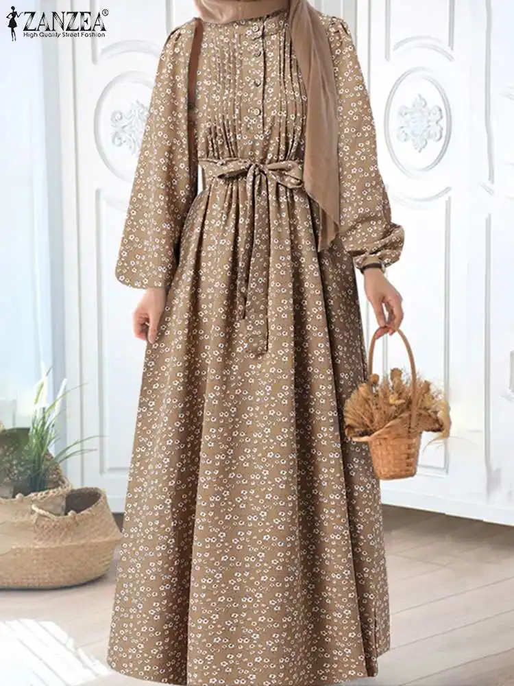 

Bohemain Floral Printed Muslim Dress ZANZEA Women Long Sleeve Lace Up Robe Spring Sundress Dubai Turkey Abaya Islamic Vestidos