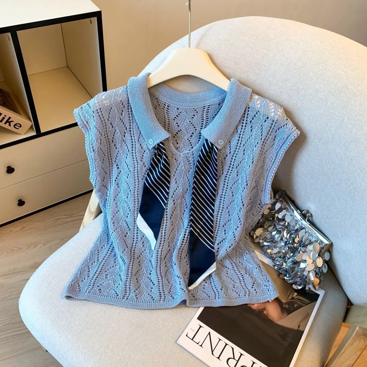 

Korean Polo-Neck Sleeveless Tank Top Female Summer All-match Turn-down Collar Patchwork Hollow Out Pullovers Women's Top Tee