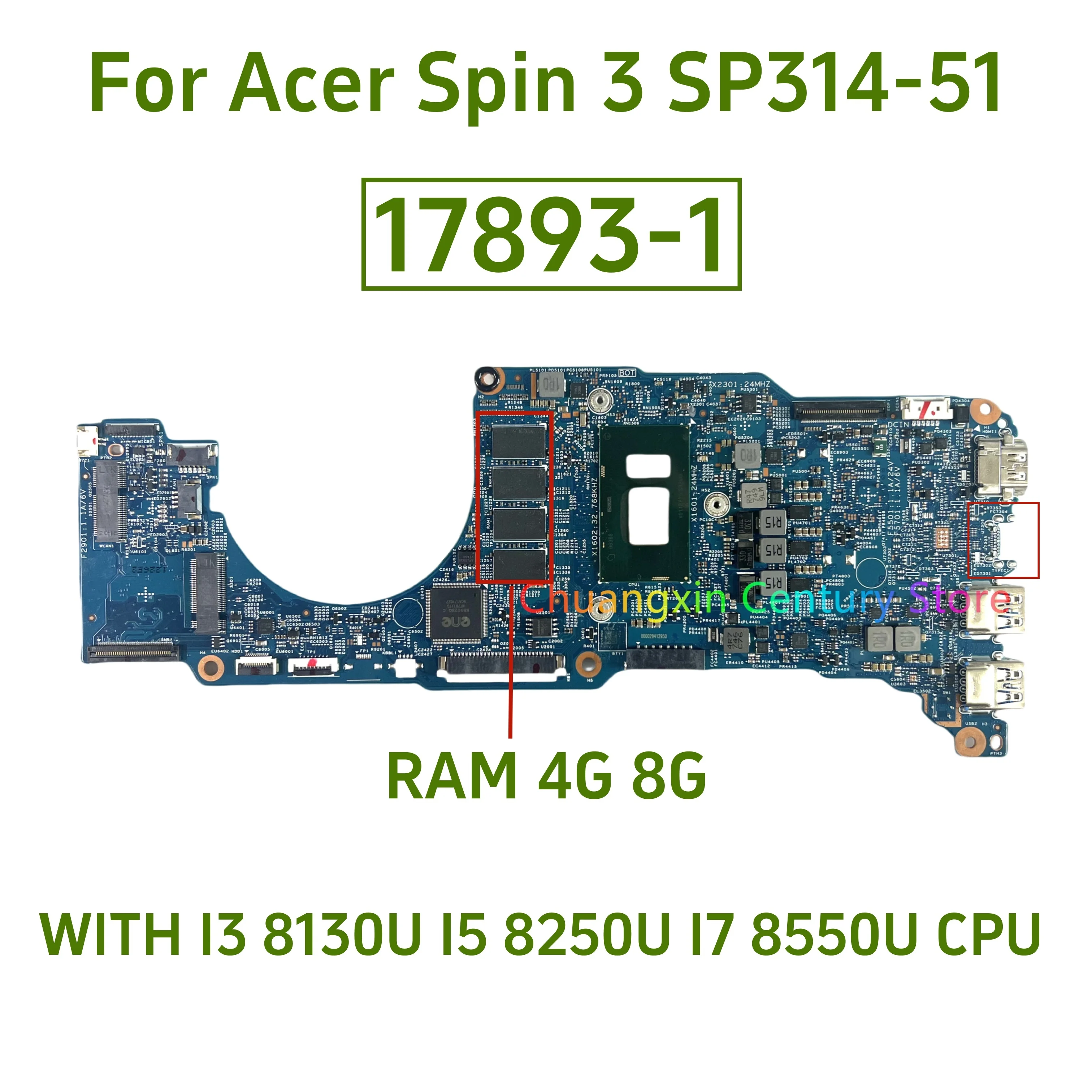 

Материнская плата 17893-1 для ноутбука acer SP314-51 с процессором I3 8130U I5 8250U I7 8550U, 4 ГБ 8 ГБ ОЗУ, 448.0DV06.0011, 100%, полностью протестирована
