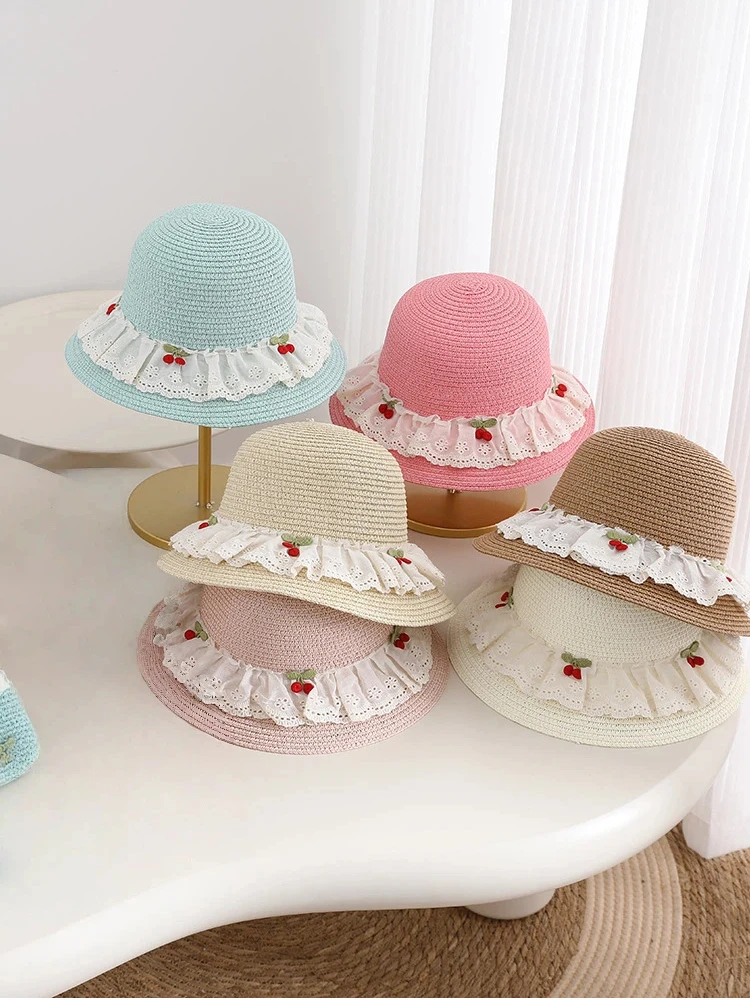 

Sun Protection Hat Sweet Cherry Grass Woven Wide Brimmed Sun Shading Grass Hat for Girls Cool Beach Vacation Cap