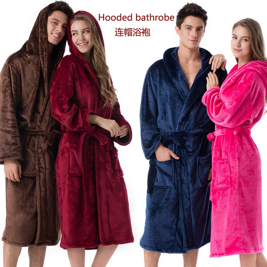 

Oversize Flannel Hood Kimono Bathrobe Gown Winter Warm Female Long Robe Nightgown Loose Casual Home Wear Loungewear With Pocket