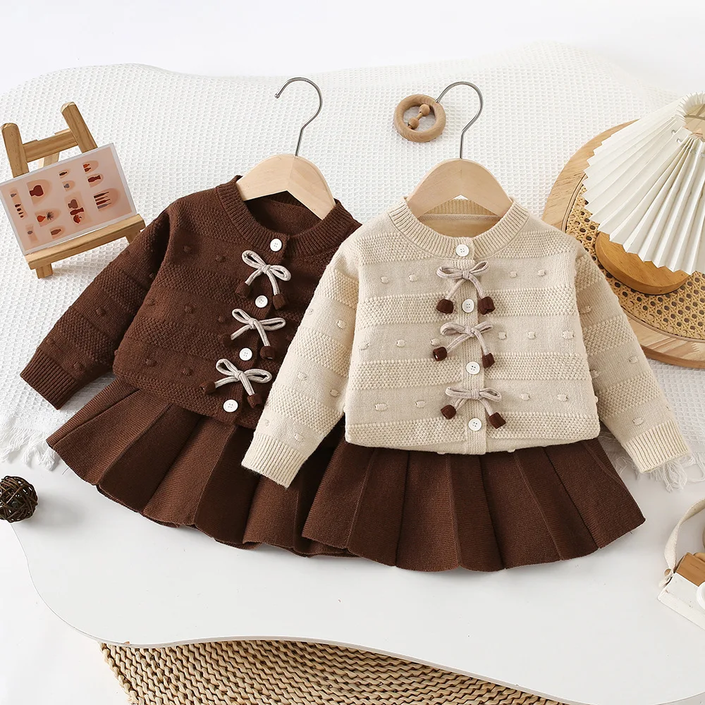 

Girls bow grain jumper set skirt spring new female baby cute knitted jumper two-piece Korean tide 90-130cm