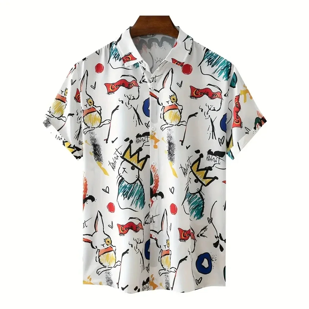 Men's Shirt Tops, Cute Graffiti Print, Lapel Bowling Shirt Short Sleeve Casual Summer Hawaiian Shirt Single Breasted Shirt Daily