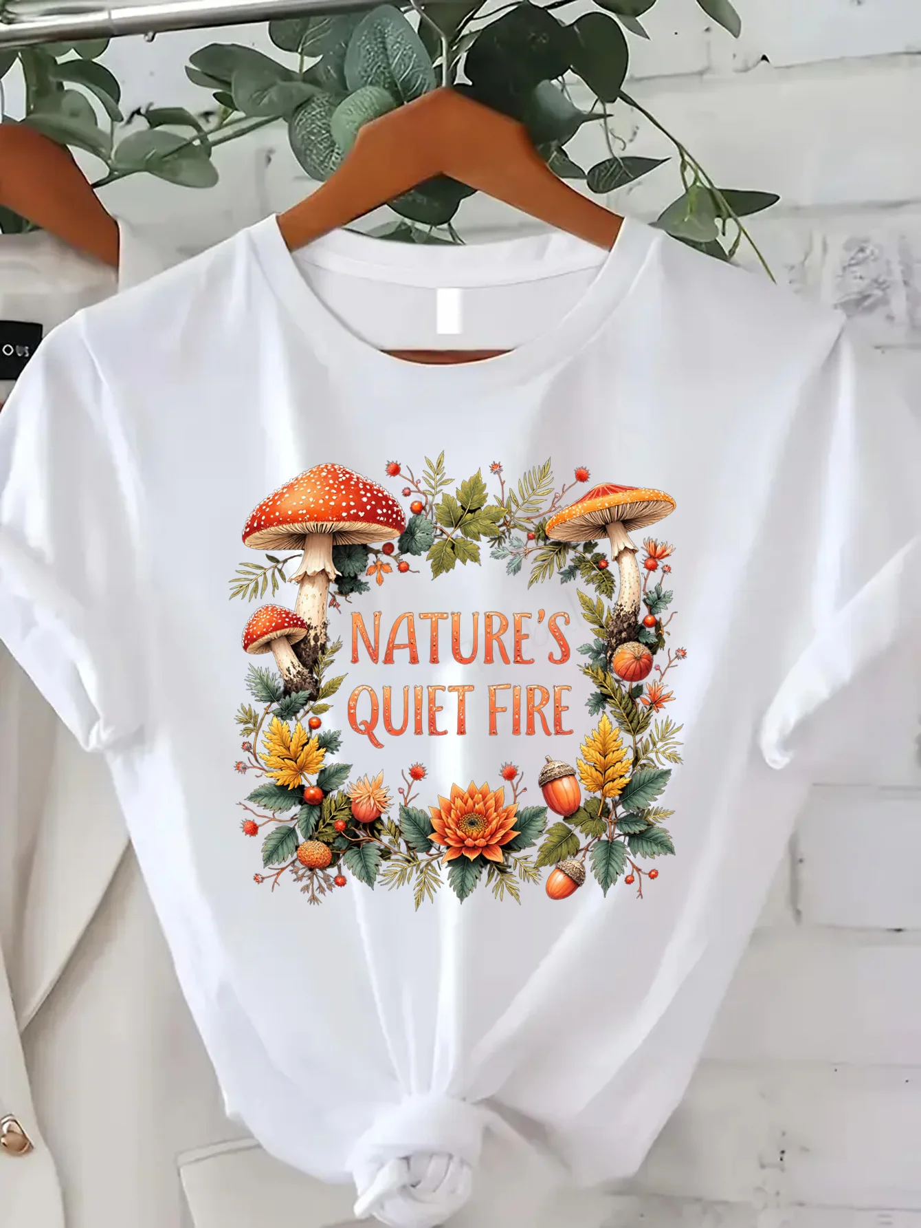 

Comfortable Women's Print T-shirt Nature's Quiet Fire Mushroom Floral T-Shirt Autumn Forest Vibes