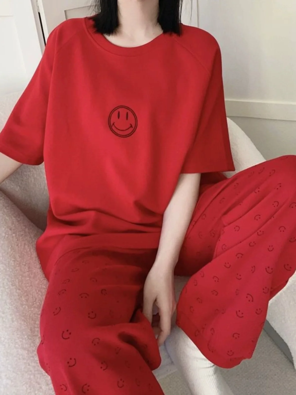 

plus Size Women's Short Sleeve Long Pants Home Wear Outfit Spring Summer New Style Comfortable Polyester Two-Piece Set