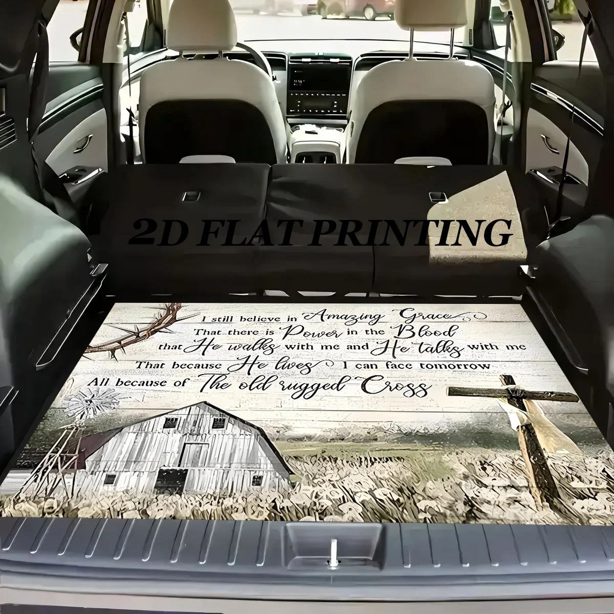1pc, A Stylish Non-Slip Car Trunk Mat Featuring A Design Of Faith Scriptures On A Rustic Wooden Cross Pattern - Made Of Durable