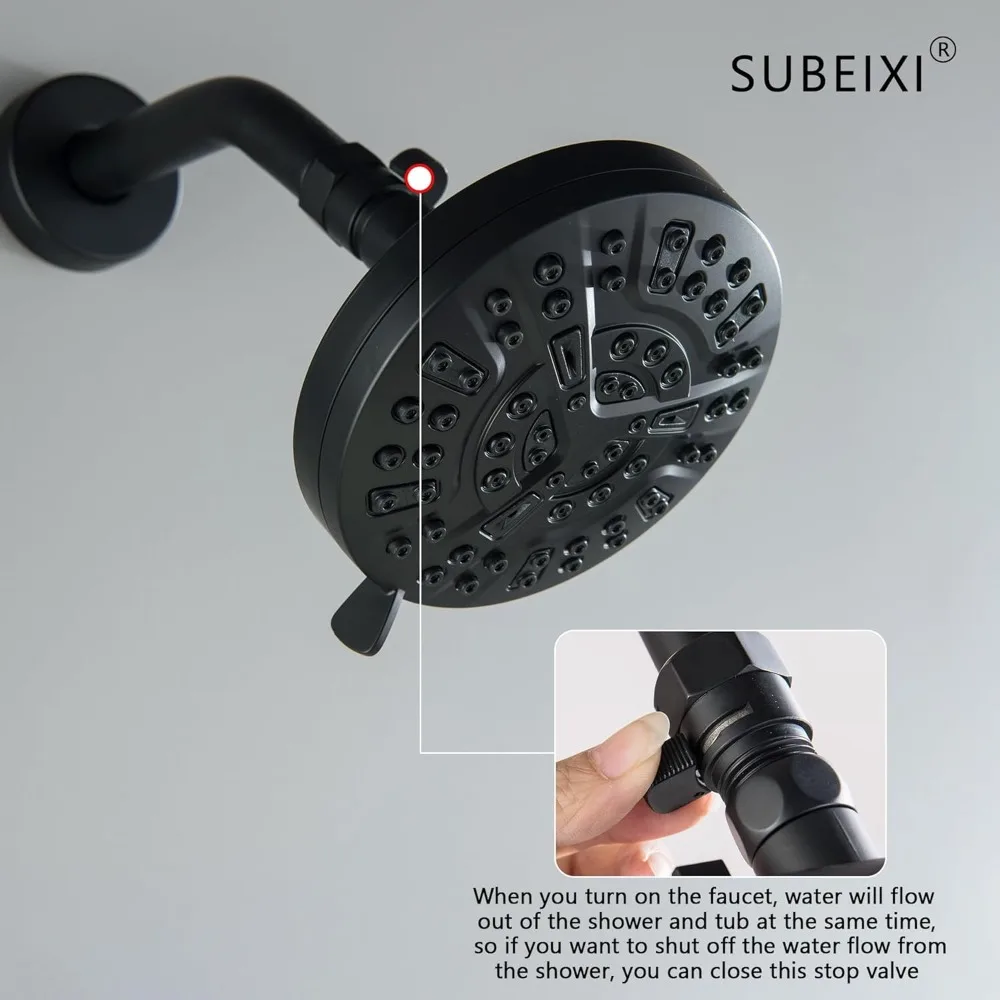 マットブラックの壁掛け式二ハンドルシャワー水栓セット（浴槽用注ぎ口付き）