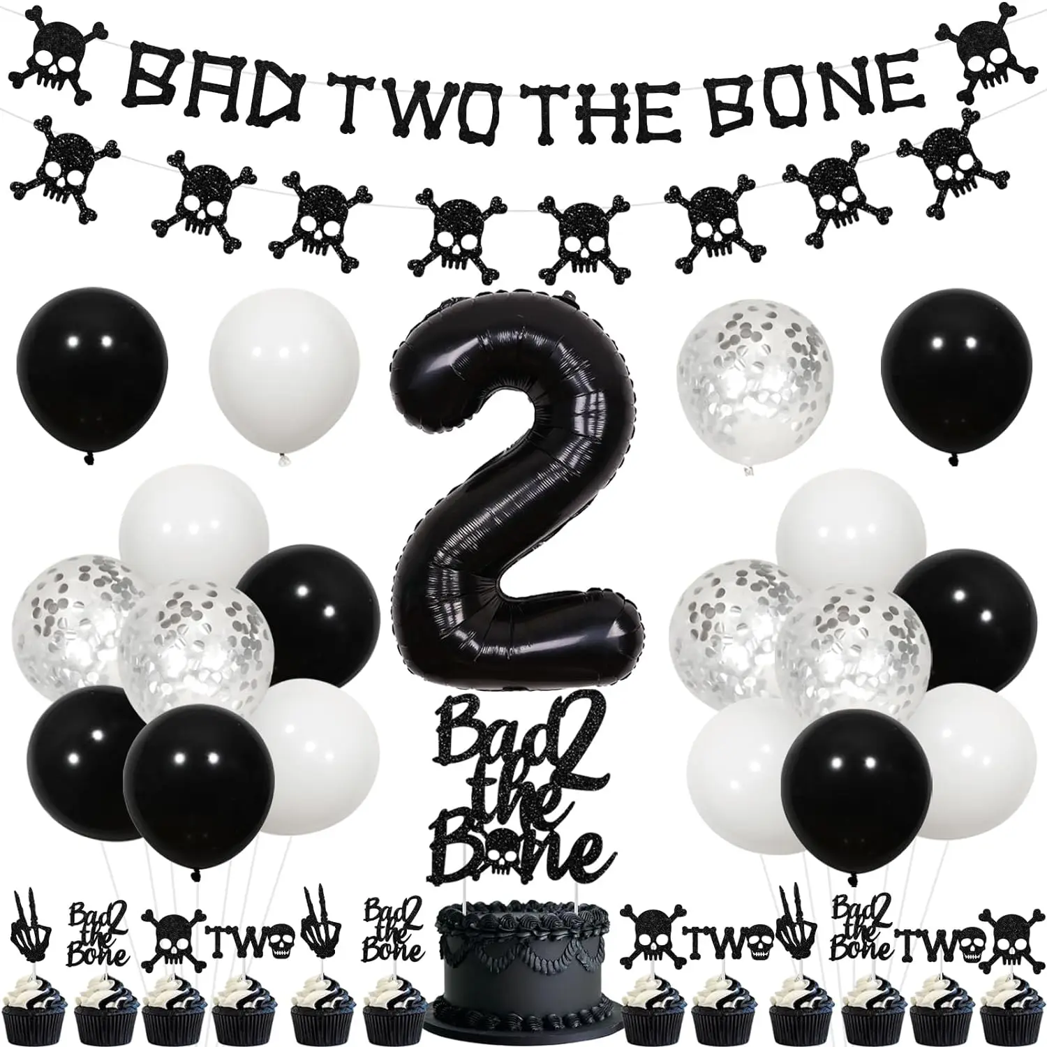 2nd Bad Two The Bone Birthday Decor Banner Cake Topper Balloon For 2nd Birthday PartyDecor Born To Rock Music Themed Rock N Roll