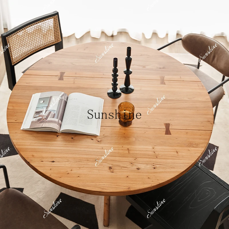 

Nordic wabi style retro all solid wood simple round dining table and chair combination FT