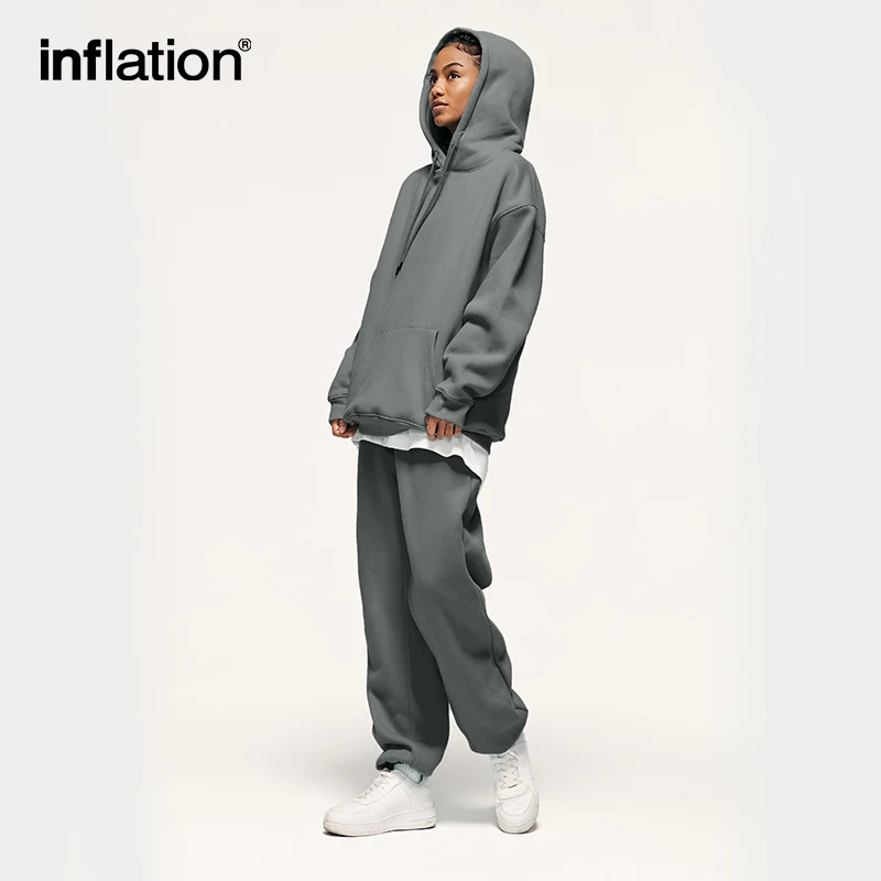 INFLATION Unisex Thick Fleece Hoodies and Sweatpant Set Mens Tracksuit Sportswear