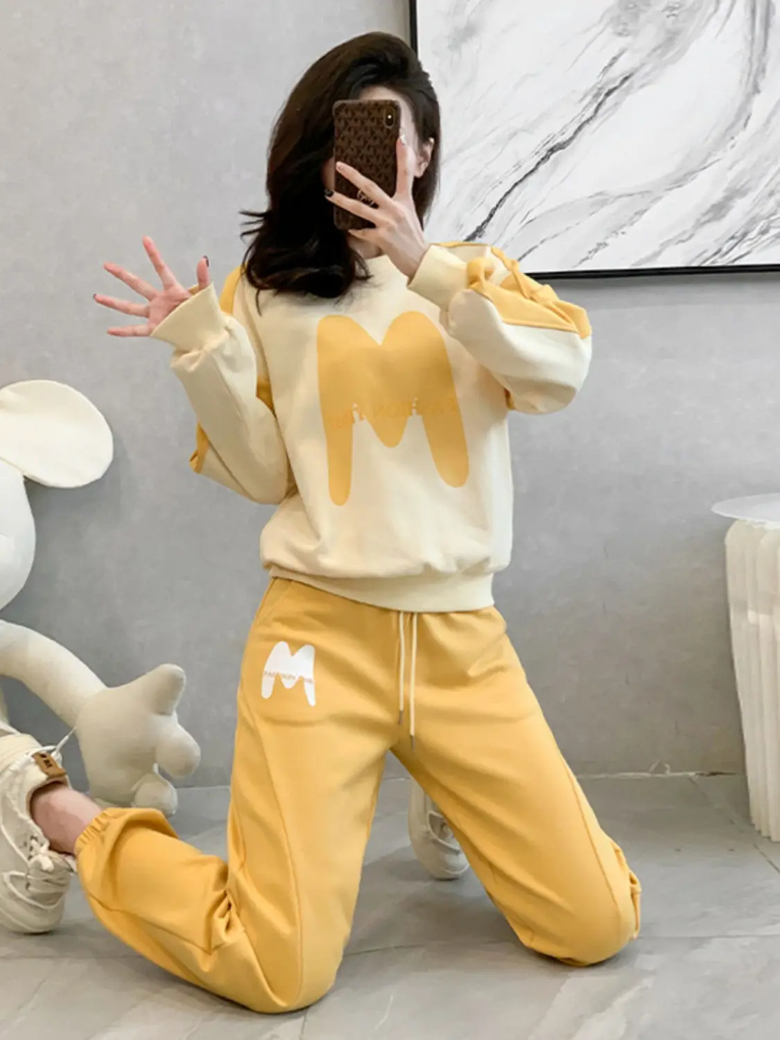 Spring Autumn Ladies Trouser Pink Sweatshirt Women's Pants Two Piece Set Printing Sport Draw String Tracksuit Casual Elegant Xxl