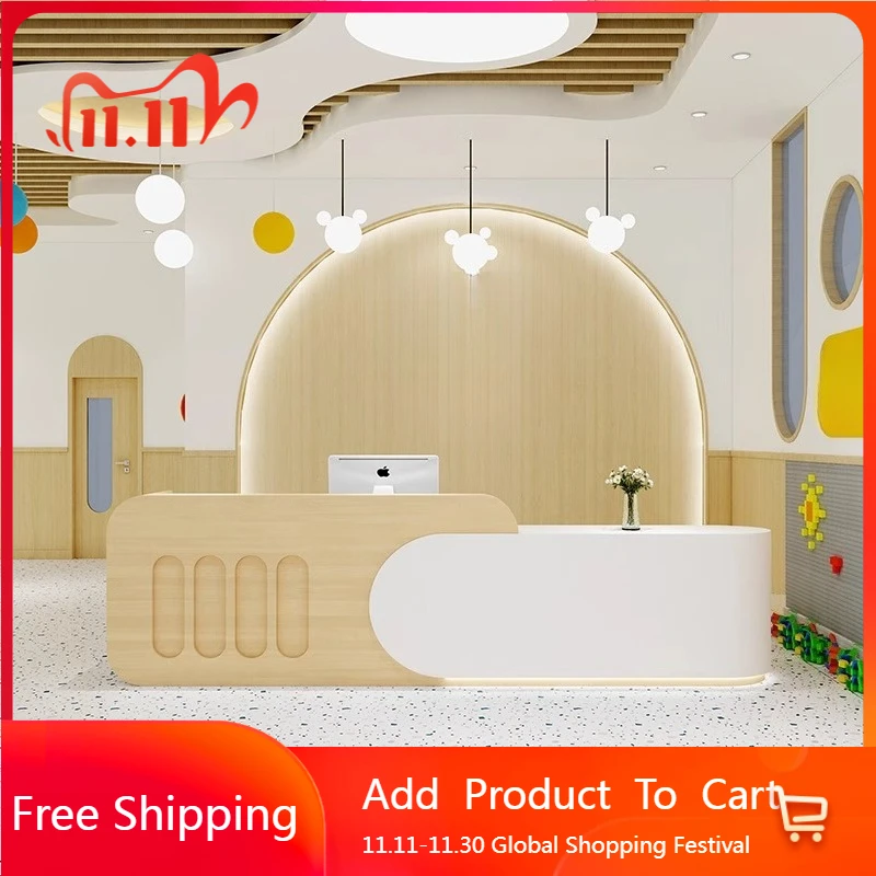 

Industrial Beauty Reception Desks Minimalist Wood Welcome Curved Reception Desks Aesthetic Company Scrivania Lounge Furniture