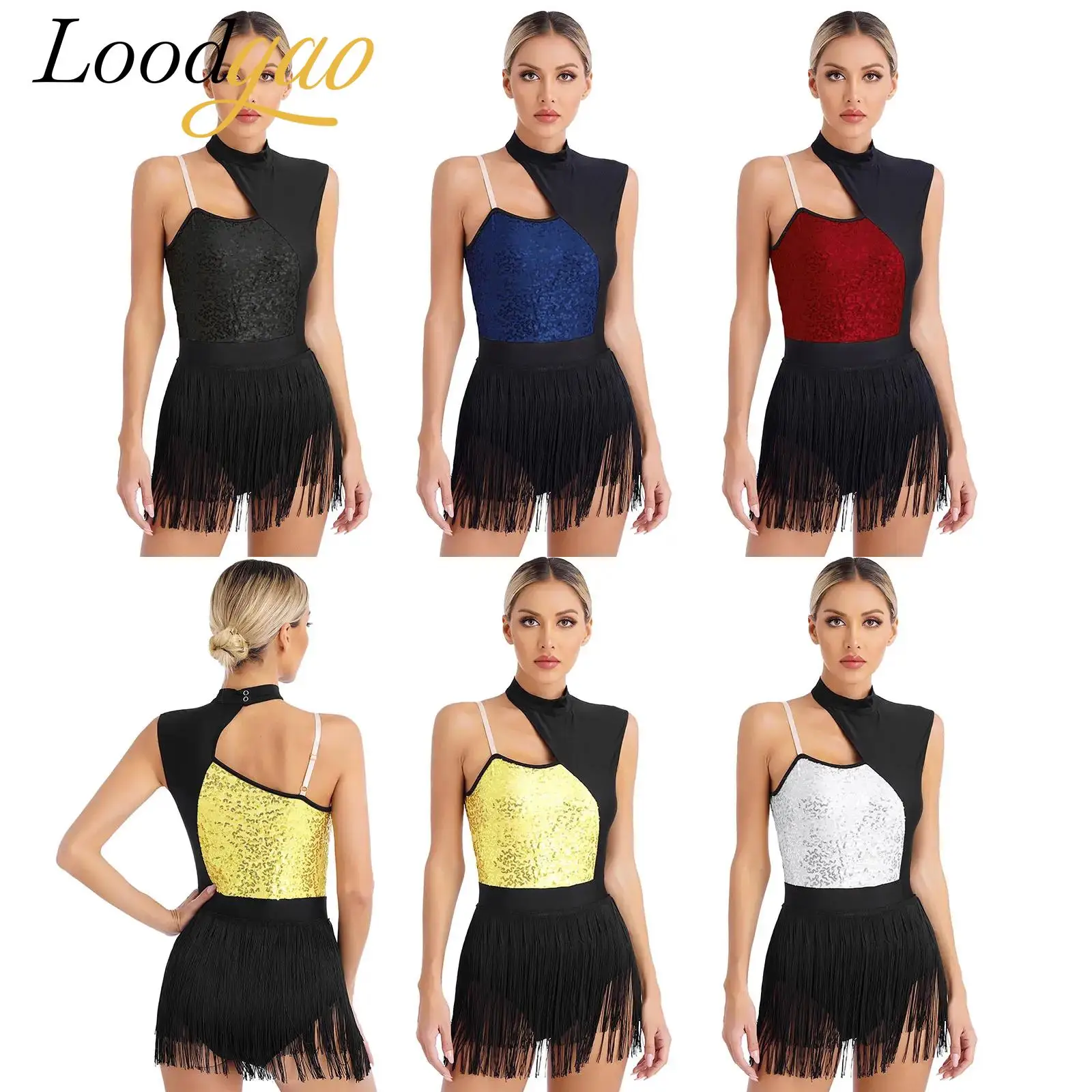 

Womens Sequins Tassels Leotards Fringe Jumpsuit Shiny Sequins Tuxedo Bodysuit Patchwork Performance Costume Cocktail Party Dress