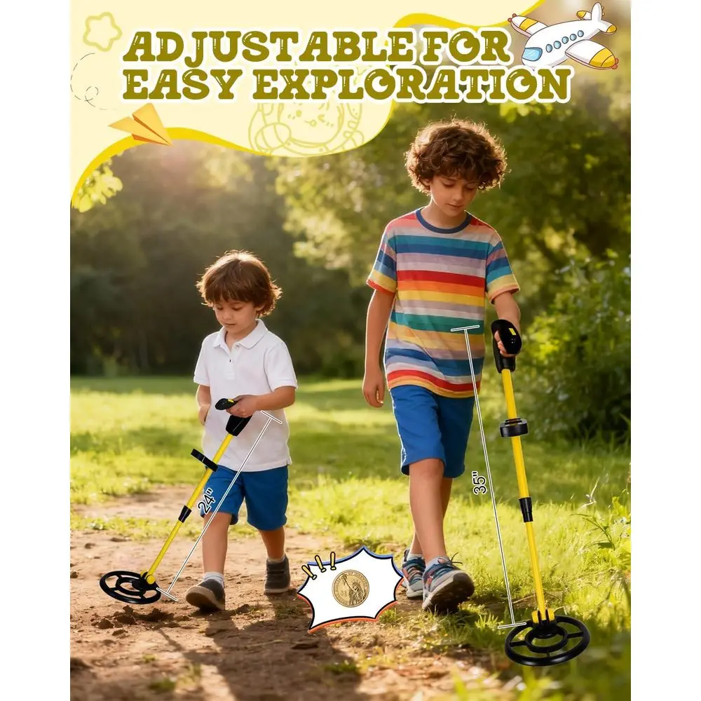 كاشف المعادن للأطفال، ملف بحث 7.4 بوصة مع شاشة LCD، كاشف ذهبي مقاوم للماء، خفيف الوزن 1.1 رطل، قابل للطي من 24 بوصة إلى 35 بوصة