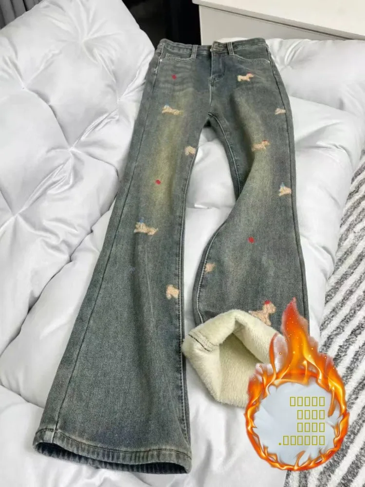 

Women's Winter Thickened Fleece Lined Embroidered Flared Jeans High Waist Slimming Elastic Wide Leg Pants Standard Fit Jeans