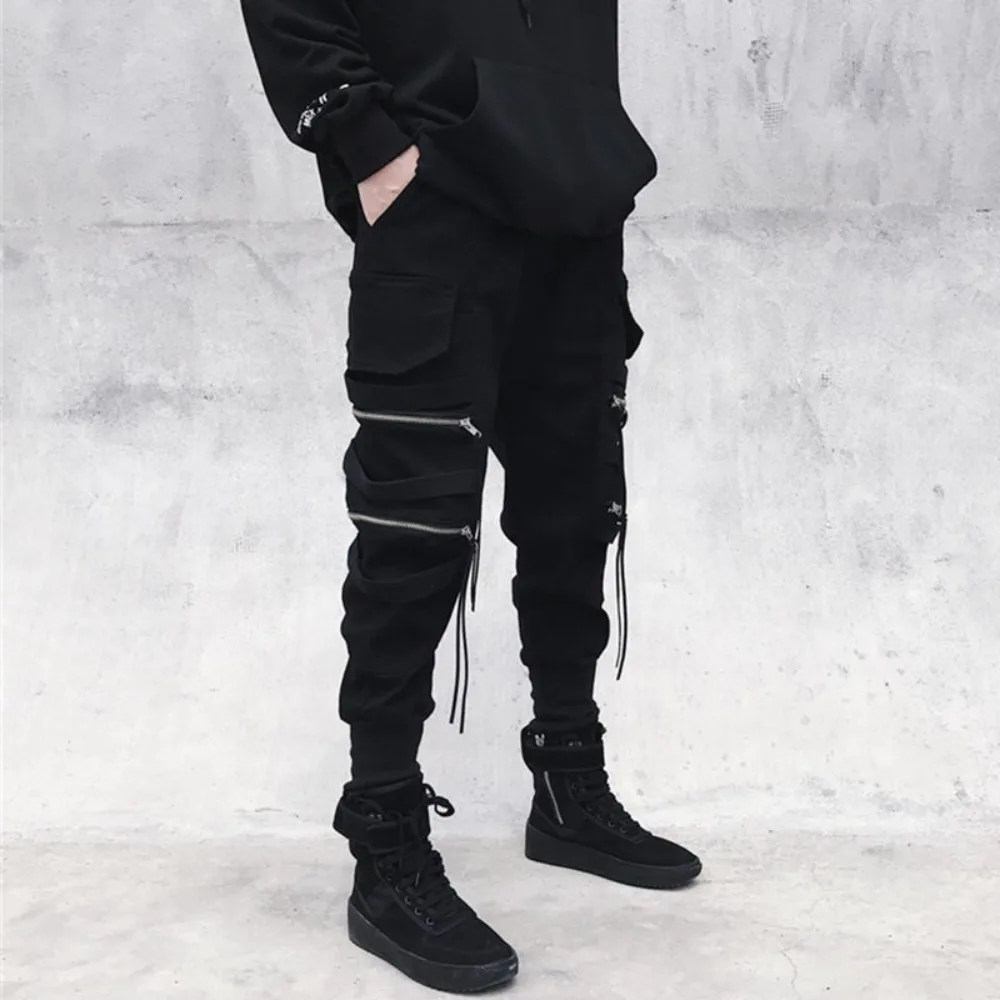Dark Back Pants Work Men's Zipper Decoration Ribbon Drawstring Narrow Leg Street Hip-hop Streetwear Casual Pants