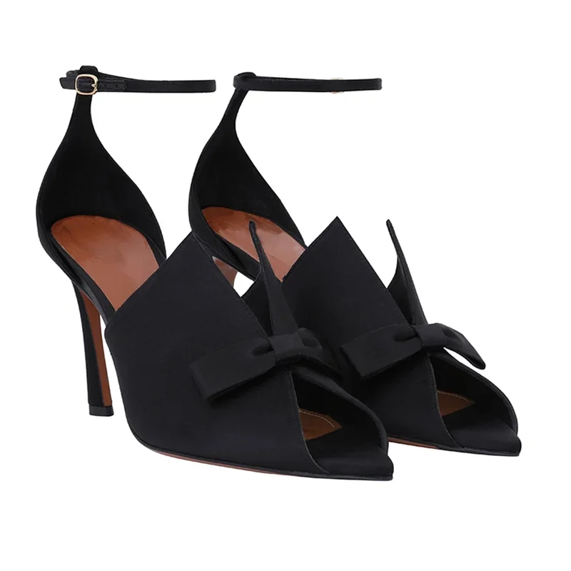 

Black Suede Peep Toe Butterfly Knot Sandals Sexy Pointed Toe Thin Heel Cover Heel New Arrivals Fashion Women Runway Shoes