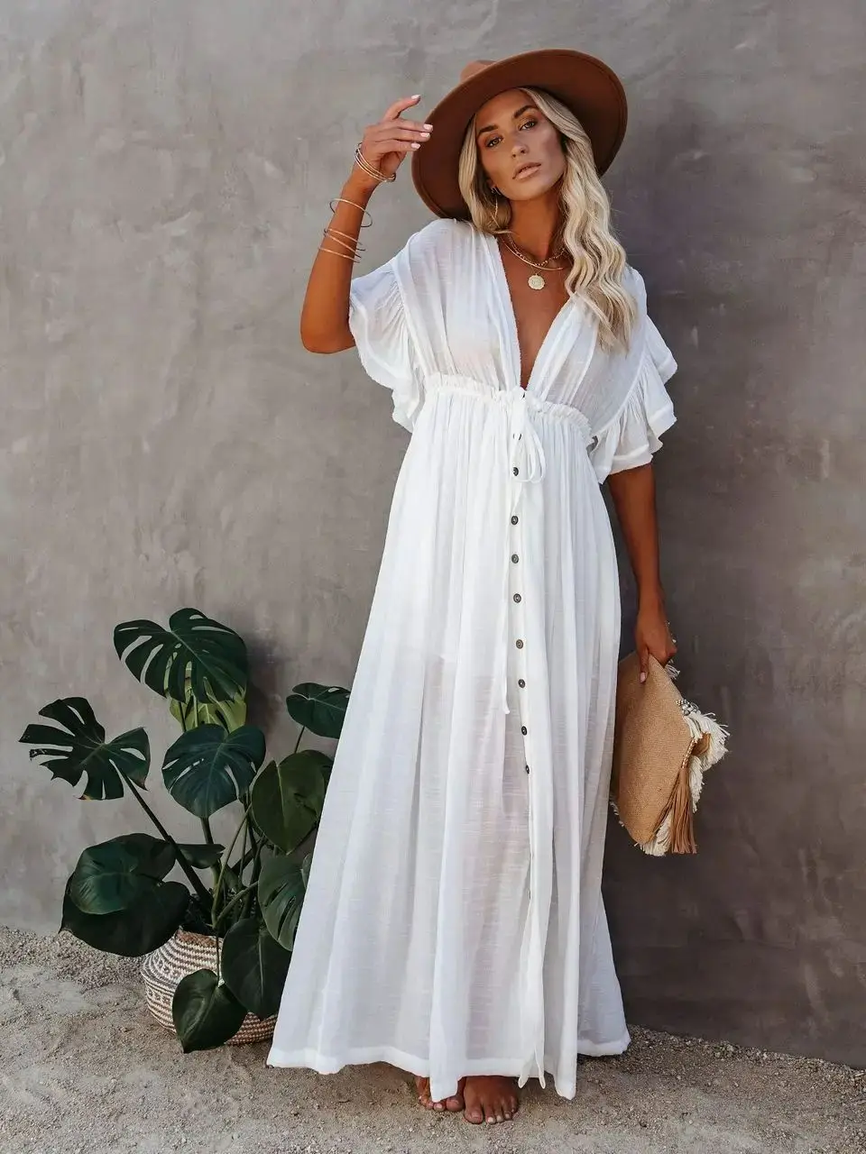 2024 Summer Long Bikini Cover Ups for Women Solid V-Neck Kimono Beach Dresses Lace Up Anti-Sun Swim Dress Bohemian Sarong Skirt