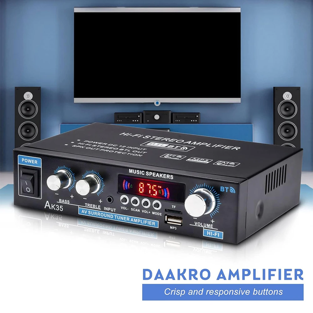 AK35-AMPLIFICADOR DE sonido HIFI con Bluetooth 5,0, amplificador de Audio de graves, 2,0 canales, estéreo Digital, FM, USB, Control remoto, 100-240V, 12V