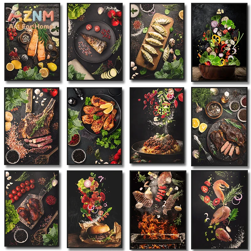 AZNM Gourmet Food Canvas Wall Art Steak Salmon Pasta Burger Shrimp Fresh Vegetables Dark Background Print Unframed Canvas Kitche