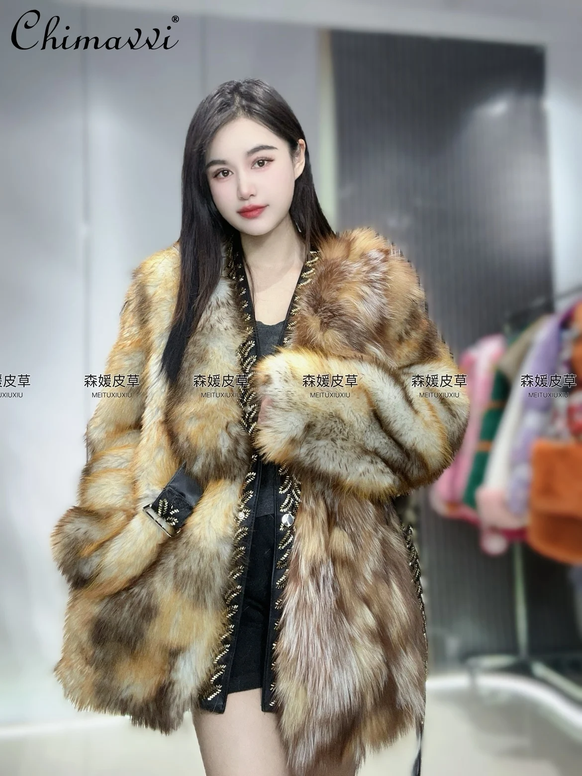 

High-End Fashion Wheat Spike Beaded Retro High-end Mid-Length Fur Coat Women Winter New Long-Sleeve Loose Warm Elegant Jacket