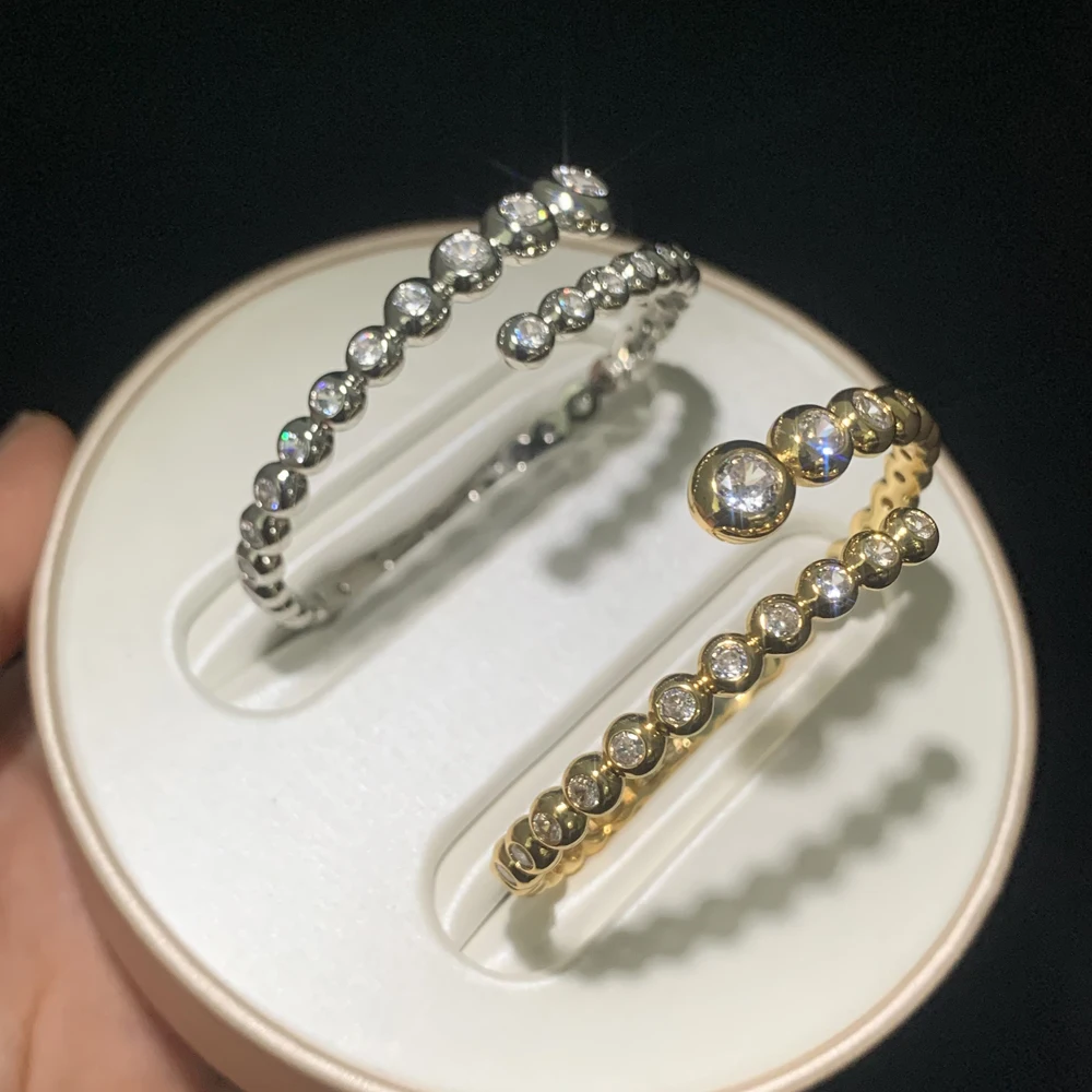 Geometric Round Ball Band Bezel Set Sparking Clear 5A Cubic Zirconia CZ Open Adjusted Bangle For Women