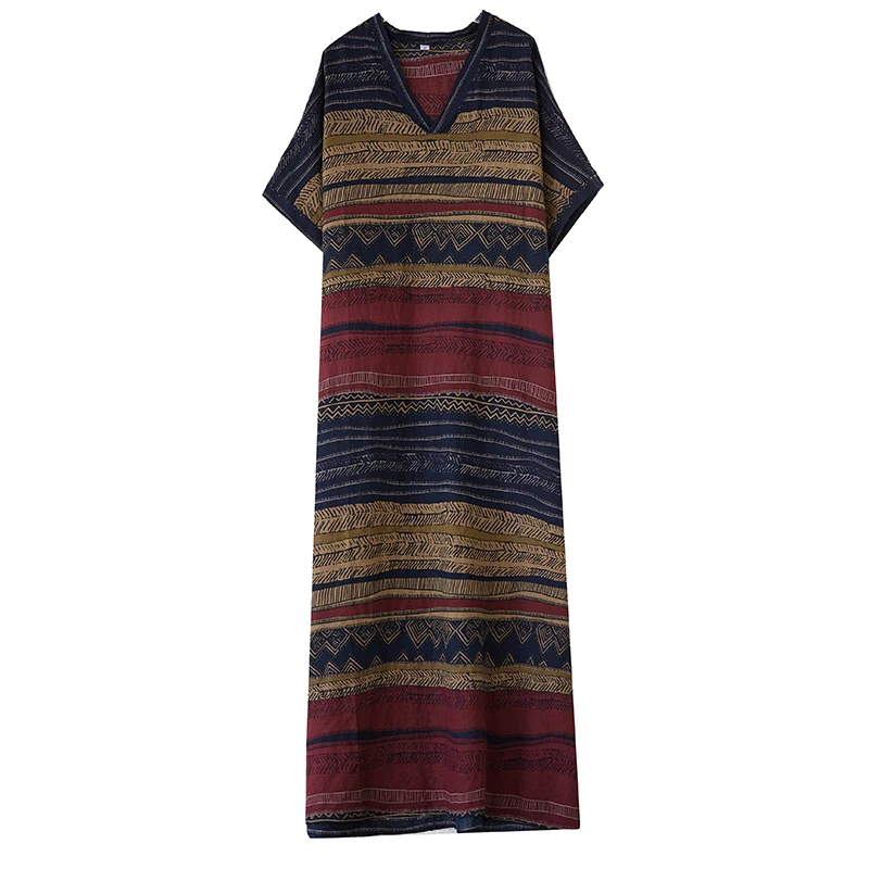 Zomer Nieuwe Dunne Katoenen Linnen Print V-Hals Losse Lange Maxi-Jurk Boho Casual Streetwear Robe Femme Été