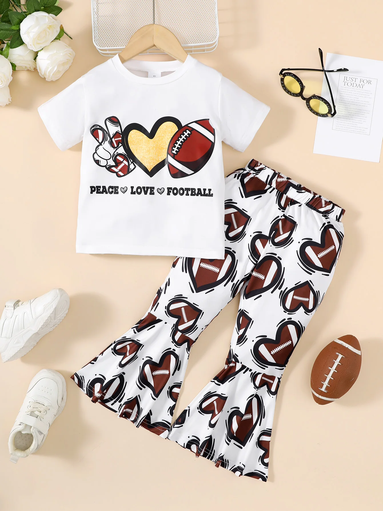 2PCS Summer Fashion Clothes Set Child Girl Cartoon Pattern Short Sleeve Top+Flare Pants Clothing Outfits for Kids Girl 4-7 Years