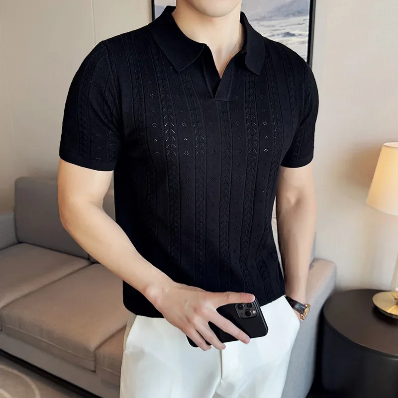 Men\'s V-neck POLO Shirt 2024 Summer New Hollow Striped Jacquard Solid Color Casual Short Sleeve knitted T-shirt Men\'s Clothing